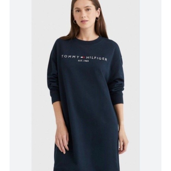 Tommy Hilfiger Logo Flag Sweatshirt Dress Oversized Long Sleeve Navy Red Blue S - Picture 3 of 6